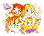  2girls ? amanogawa_kirara aroma_(go!_princess_precure) blonde_hair blunt_bangs bow bowtie brooch bubble_skirt choker commentary_request cone_hair_bun cosplay costume_switch cure_sparkle cure_twinkle dress earrings gloves go!_princess_precure green_eyes hair_bun hair_ornament healin&#039;_good_precure healing_animal heart heart_hair_ornament hiramitsu_hinata hoppetoonaka3 jewelry long_hair magical_girl multicolored_hair multiple_girls nyatoran_(precure) one_eye_closed open_mouth orange_bow orange_bowtie pom_pom_(clothes) pom_pom_earrings precure purple_eyes simple_background skirt star_(symbol) star_brooch star_earrings twintails two-tone_hair v vest white_gloves yellow_choker yellow_vest 