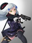  1girl aiming beret black_headwear black_thighhighs breasts cross_hair_ornament finger_on_trigger flashlight girls&#039;_frontline glock gloves gradient_background green_eyes grey_hair gun hair_ornament handgun hat highres hk416_(girls&#039;_frontline) holding holding_flashlight holding_weapon holster jacket long_hair nakiusagi panties pantyshot pleated_skirt skirt teardrop_facial_mark teardrop_tattoo thigh_holster thighhighs underwear weapon 