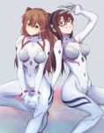  2girls bangs blue_eyes bodysuit breasts brown_hair commentary_request covered_navel evangelion:_3.0+1.0_thrice_upon_a_time eyepatch glasses grin hair_between_eyes hair_ornament hairband highres interface_headset invisible_chair long_hair looking_at_viewer makinami_mari_illustrious medium_breasts mtoan multiple_girls neon_genesis_evangelion official_alternate_costume orange_hair pilot_suit plugsuit rebuild_of_evangelion red-framed_eyewear simple_background sitting skin_tight smile souryuu_asuka_langley twintails w white_bodysuit 