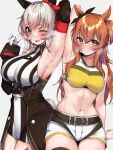  2girls absurdres animal_ears arm_up armpits blush breasts closed_mouth commentary_request crop_top curren_chan_(umamusume) detached_sleeves grey_hair highres horse_ears horse_girl kshimu large_breasts mayano_top_gun_(umamusume) medium_hair multiple_girls navel orange_hair shorts simple_background sleeveless steaming_body sweat thighhighs umamusume white_background 