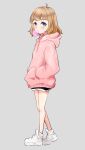  absurdres blue_eyes blush brown_hair chewing_gum dolphin_shorts hands_in_pockets highres hood hoodie idolmaster idolmaster_million_live! looking_at_viewer mer_(mer3in) pink_hoodie shoes short_hair shorts simple_background sneakers socks suou_momoko white_sneakers white_socks 