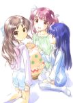  3girls animal_hood blue_hair blue_sweater bow brown_eyes brown_hair dress egg green_sweater hair_bow hood hoodie idolmaster idolmaster_cinderella_girls kawaseki kneeling long_hair looking_at_viewer multiple_girls ogata_chieri open_mouth oversized_object purple_hair sajo_yukimi shorts simple_background sitting sketch smile striped striped_thighhighs sweater sweater_dress tachibana_arisu thighhighs twintails wariza white_background 