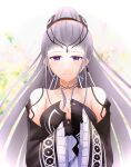  1girl bare_shoulders black_dress black_gloves breasts cleavage collarbone detached_sleeves dlllll_lllllb dress earrings eir_(fire_emblem) fire_emblem fire_emblem_heroes gloves grey_hair highres jewelry long_hair long_sleeves looking_at_viewer purple_eyes smile solo strapless strapless_dress upper_body very_long_hair wide_sleeves 