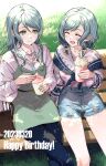  2girls :d ^_^ bag bang_dream! bench blue_pants book bow braid buttons closed_eyes collarbone cup dated denim denim_shorts dress english_text fingernails frozen_yogurt green_dress green_eyes green_hair hair_bow handbag happy_birthday highres hikawa_hina hikawa_sayo holding holding_cup holding_spoon jewelry long_hair long_sleeves medium_hair multiple_girls multiple_hair_bows necklace open_mouth outdoors pants shorts siblings sitting smile spoon sprinkles sunlight sweater_under_dress swept_bangs thighs torn_clothes torn_shorts twin_braids twins wide_sleeves yellow_bow zihacheol 