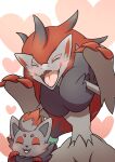  &lt;3 absurd_res ambiguous_gender anthro biped black_body black_fur claws duo eyes_closed fangs feral front_view fur generation_5_pokemon grey_body grey_fur heart_background hi_res nintendo open_mouth paws pokemon pokemon_(species) quadruped red_body red_fur rocking_jjj simple_background smile teeth white_background zoroark zorua 