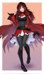  1girl artist_name belt boots border breasts cleavage commission flower full_body gloves grey_eyes highres knee_boots large_breasts long_hair long_sleeves looking_at_viewer pantyhose red_flower red_rose rose ruby_rose rwby solo w33ping_cat watermark white_border 