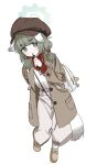  1girl animal_ears backpack bag blue_archive blush bright_pupils brown_coat brown_headwear brown_pants cabbie_hat coat commentary_request full_body gomibako_(gomibako_price) green_eyes green_hair hair_bobbles hair_ornament hair_over_shoulder half-closed_eyes halo hand_on_own_hip hat heel_up high-waist_pants highres holding holding_pen jewelry layered_shirt long_sleeves looking_at_viewer low_twintails necklace open_clothes open_coat open_mouth pants pen pen_to_chin red_shirt shirt shirt_tucked_in shoulder_strap slit_pupils solo tail thick_eyebrows trench_coat turtleneck twintails white_background white_bag white_pupils white_shirt yakumo_(blue_archive) 
