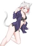  1girl :d absurdres animal_ears barefoot bikini bikini_under_clothes black_bikini breasts cat_ears cat_girl cat_tail extra_ears grey_hair highres jacket long_sleeves looking_at_viewer medium_breasts multicolored_hair off_shoulder open_clothes open_jacket open_mouth original purple_eyes purple_jacket red_hair short_hair smile swimsuit tail two-tone_hair we_usagi white_hair 