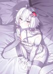  1girl absurdres ahoge bare_shoulders bed blush breasts collarbone detached_sleeves dress hair_ornament highres ibuki_notsu long_hair looking_at_viewer monochrome nipple_slip nipples on_bed pillow ribbed_dress short_dress sidelocks sitting small_breasts solo thighhighs thighs vocaloid voiceroid wariza yuzuki_yukari 