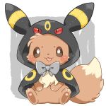  :3 blush_stickers bow capelet closed_eyes clothed_pokemon cosplay eevee full_body grey_bow hand_on_own_stomach highres hood hooded_capelet kana_(maple926) open_mouth pokemon pokemon_(creature) sitting smile solo tongue tongue_out umbreon umbreon_(cosplay) 