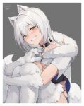  1girl animal_ear_fluff animal_ears animal_hands bell_orgel black_choker breasts choker commentary fur_collar grey_background grin hair_between_eyes head_tilt hugging_own_legs large_breasts light_blush long_hair looking_at_viewer monster_girl_encyclopedia o-ring o-ring_choker original short_sleeves simple_background slit_pupils smile solo tail teeth werewolf_(monster_girl_encyclopedia) white_fur white_hair wolf_ears wolf_girl wolf_tail yellow_eyes 