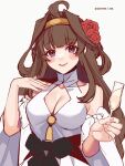  1girl ahoge breasts brown_hair champagne_flute cleavage_cutout clothing_cutout cup double_bun dress drinking_glass flower gold_hairband hair_bun hair_flower hair_ornament hairband highres kantai_collection kongou_(kancolle) kozu_(bloomme1_me) large_breasts long_hair official_alternate_costume purple_eyes simple_background smile solo upper_body white_background white_dress 