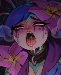  1girl :o breasts collar colored_skin flower hair_flower hair_ornament half-closed_eyes league_of_legends metal_collar multicolored_hair neeko_(league_of_legends) open_mouth pink_flower reagan_long saliva sexually_suggestive solo tongue tongue_out 