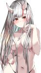  covering covering_breasts gradient_hair grey_hair hand_on_own_face highres hololive horns long_hair multicolored_hair nakiri_ayame oni oni_horns red_eyes red_hair tazrn1 virtual_youtuber white_hair 