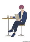  1boy absurdres blue_footwear chair closed_mouth coffee_cup collarbone commentary_request cool_doji_danshi cup disposable_cup ear_piercing earrings fingernails full_body hair_between_eyes highres holding holding_tablet_pc jacket jewelry long_sleeves male_focus nata_kokone official_art open_clothes open_jacket piercing red_hair shiki_souma shirt short_hair simple_background sitting socks solo table tablet_pc white_background white_shirt 