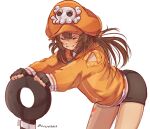  1girl anchor bike_shorts black_gloves brown_hair cabbie_hat fingerless_gloves gloves guilty_gear guilty_gear_strive hat hat_ornament highres holding holding_anchor hood hoodie long_hair long_sleeves may_(guilty_gear) mil17459623 orange_headwear orange_hoodie orange_shirt shirt skull_and_crossbones skull_hat_ornament smile 