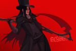  1other black_hair bloodborne crossover guilty_gear guilty_gear_strive hat highres holding holding_scythe hunter_(bloodborne) long_hair other_focus red_background red_eyes scythe simple_background testament_(guilty_gear) top_hat xenosweater 