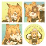  +_+ 1girl animal_ears arknights black_jacket blue_background blush border cake cake_hat cake_slice ceobe_(arknights) cherry commentary confetti crumbs dog_ears dog_girl dog_tail doughnut eating english_commentary english_text fang favilia food fruit green_background holding holding_food ice_cream jacket licking licking_finger long_hair long_sleeves looking_through_doughnut multicolored_clothes multicolored_jacket multiple_views open_mouth orange_eyes orange_hair simple_background smile tail two-tone_jacket white_jacket yellow_background 