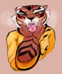  2023 anthro clothed clothing dreamworks felid feline female fur hi_res kung_fu_panda looking_at_viewer mammal master_tigress orange_body orange_fur pantherine sanido simple_background solo stripes tiger tongue tongue_out white_body white_fur 