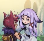 1boy 1girl animal_ears backpack bag blush character_request flying_sweatdrops fur_collar grass grey_hair grey_kimono japanese_clothes kimono league_of_legends long_hair long_sleeves mother_and_son open_mouth orange_eyes outdoors phantom_ix_row red_hair sett_(league_of_legends) sharp_teeth shiny_skin teeth upper_teeth_only wide_sleeves 