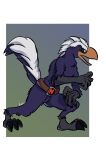  2023 absurd_res activision ambiguous_gender anthro beak belt biped black_claws black_sclera claws crash_bandicoot_(series) full-length_portrait fur geometric_background head_crest hi_res hpiola orange_beak portrait purple_body purple_fur simple_background solo standing stench_(crash_bandicoot) tail titan_(crash_bandicoot) toe_claws 