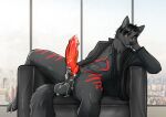  absurd_res anthro bedroom_eyes big_penis bodily_fluids calvyyn canid canine chair chocobanana clothed clothing cum cum_drip dripping fox fur furniture genital_fluids genitals grey_body grey_fur hi_res knot male mammal narrowed_eyes necktie on_chair partially_clothed penis red_fox seductive sitting sitting_on_chair smile smiling_at_viewer solo suit tattoo window 