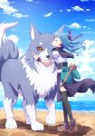  1girl beach black_capelet black_thighhighs blue_hair blue_sky capelet closed_eyes dog earrings feather_hair_ornament feathers genjitsu_no_yohane grey_fur hair_bun hair_ornament heart heart_earrings highres hug jewelry lailaps_(genjitsu_no_yohane) long_hair love_live! love_live!_sunshine!! ocean qy73 single_side_bun skirt sky staff thighhighs tsushima_yoshiko white_feathers white_fur 