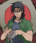  1boy black_eyes black_hair black_shirt closed_mouth commentary_request fingernails gloves green_shirt grey_gloves inudori itou_kaiji kaiji looking_at_viewer male_focus medium_bangs open_clothes open_shirt parted_bangs removing_glove scar scar_on_cheek scar_on_face shaded_face shirt short_hair smile solo undershirt upper_body v-shaped_eyebrows 
