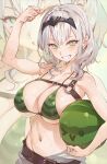  1girl absurdres bare_shoulders belt belt_buckle bikini bikini_top_only blush braid breasts buckle chest_belt food fruit green_bikini green_eyes grey_hair hair_ornament hairband hand_up highres holding holding_food holding_fruit hololive hxxg large_breasts looking_at_viewer medium_hair navel o-ring o-ring_strap shirogane_noel smile solo stomach swimsuit tiara virtual_youtuber watermelon wavy_hair 