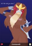  anthro blush breasts commandg entei female fur generation_2_pokemon hair hair_covering_nipples legendary_pokemon nintendo nude pokemon pokemon_(species) simple_background solo text 