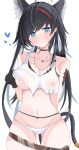  1girl absurdres animal_ear_fluff animal_ears arknights ass_visible_through_thighs bare_shoulders black_choker black_gloves black_hair blaze_(arknights) blue_eyes blush breasts cat_ears cat_girl cat_tail choker clothes_lift collarbone commentary_request covered_nipples cowboy_shot crop_top crop_top_overhang gloves hairband heart highres jewelry large_breasts lifted_by_self long_hair looking_at_viewer lowleg lowleg_panties midriff navel necklace nipples no_pants nui_(nuinui0300) panties parted_lips pendant red_hairband see-through shirt shirt_lift simple_background solo stomach sweat tail tank_top tooth_necklace underwear wet wet_clothes wet_shirt white_background white_panties white_tank_top 
