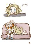  2girls :&lt; absurdres alternate_hairstyle animal_ears arknights blonde_hair blue_eyes book chibi commentary_request couch grey_hair highres jitome kirsten_(arknights) long_hair multiple_girls pants ponytail saria_(arknights) shirt simple_background sitting slippers tail white_background white_pants white_shirt yane_(xingchenai184) 