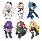  6+girls black_bow black_hairband blonde_hair blue_hair boots bow breasts brown_hair chibi child&#039;s_drawing coat drag-on_dragoon drag-on_dragoon_3 dress five_(drag-on_dragoon) flower flower_over_eye four_(drag-on_dragoon) fur_trim gloves hair_bow hairband hand_on_own_hip highres long_hair mole mole_under_eye multiple_girls neekosiah one_(drag-on_dragoon) one_eye_closed open_mouth own_hands_together panty_&amp;_stocking_with_garterbelt parody parted_lips pink_flower purple_eyes purple_hair red_eyes scarf short_hair skirt standing style_parody three_(drag-on_dragoon) two_(drag-on_dragoon) yellow_eyes zero_(drag-on_dragoon) 