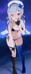  1girl :d adapted_costume amane_kanata amane_kanata_(3rd_costume) angel_wings asymmetrical_legwear bare_arms bare_shoulders beret bikini black_bikini black_gloves black_socks blue_hair blue_thighhighs blush breasts collarbone feathered_wings front-tie_bikini_top front-tie_top full_body gloves grey_hair groin halterneck hand_on_own_knee hand_to_own_mouth hat highres hololive jewelry kachikachipiroo leaning_forward looking_at_viewer medium_hair mini_wings mismatched_legwear multicolored_hair navel necklace night no_shoes nose_blush open_mouth outdoors partially_fingerless_gloves pov purple_eyes side-tie_bikini_bottom single_hair_intake small_breasts smile socks solo standing star_(symbol) star_necklace stomach streaked_hair swimsuit teeth thigh_strap thighhighs thighs uneven_legwear upper_teeth_only virtual_youtuber water wet white_headwear white_wings wings 