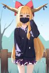  1girl black_shirt bow cowboy_shot hair_bow highres horns ibuki_suika long_hair long_sleeves looking_at_viewer mask mouth_mask oeyama oni_horns orange_eyes orange_hair pleated_skirt purple_skirt red_bow shirt skirt solo touhou 