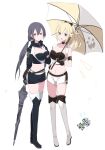  2girls alternate_costume black_hair blonde_hair boots breasts car cleavage collarbone crop_top duel_monster f.a._dawn_dragster full_body gloves green_eyes hand_on_own_chest high_ponytail highres holding holding_umbrella long_sleeves midriff motor_vehicle multiple_girls navel open_mouth ponytail race_queen race_vehicle racecar red_eyes sakuragi_raia short_shorts shorts sky_striker_ace_-_raye sky_striker_ace_-_roze sleeveless thigh_boots umbrella yu-gi-oh! 