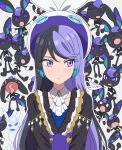  1girl :o ascot black_hair blue_hair brooch carron_(waccha_primagi!) carron_(waccha_primagi!)_(rabbit) closed_mouth commentary_request detached_collar dolldolldd dual_persona expressions frills ghost hat highres jewelry korean_commentary long_hair looking_to_the_side multicolored_hair multiple_views open_mouth pretty_series purple_eyes purple_hair rabbit surprised sweatdrop upper_body waccha_primagi! white_ascot 