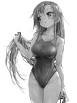  1girl :o blush breasts competition_swimsuit goshiki_agiri greyscale hair_between_eyes highleg highleg_swimsuit highres holding kill_me_baby large_breasts long_hair monochrome one-piece_swimsuit parted_lips simple_background solo swimsuit very_long_hair wet wet_clothes wet_hair wet_swimsuit yachima_tana 