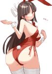  animal_ears ass black_hair blunt_bangs bow bowtie brown_eyes cowboy_shot detached_collar from_behind hair_ribbon highres hime_cut hiyou_(kancolle) kantai_collection leotard long_hair looking_at_viewer looking_back one-hour_drawing_challenge playboy_bunny rabbit_ears rabbit_tail red_bow red_bowtie red_leotard ribbon side-tie_leotard strapless strapless_leotard tail tetsukuzu_(yajirushi_shita) thighhighs white_thighhighs wrist_cuffs 
