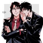  2boys artist_name black_bow black_bowtie black_eyes black_hair black_jacket bow bowtie closed_mouth collared_shirt commentary_request crossed_arms dated grey_background hand_on_another&#039;s_shoulder highres ichijou_seiya jacket kaiji long_hair long_sleeves looking_at_viewer male_focus medium_bangs multiple_boys murakami_tamotsu necktie red_hair red_shirt shirt short_hair smile two-tone_background unknown03162 upper_body whispering white_background white_necktie white_shirt 