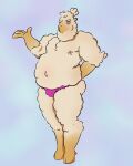  4_fingers absurd_res anthro bovid caprine clothing fingers fluffy fungi_draws hair hi_res hooves male mammal overweight pink_clothing pink_underwear ponytail shaded sheep simple_background simple_shading solo thong underwear 