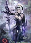  1girl absurdres bianca_(punishing:_gray_raven) black_dress breasts cleavage dress for-miku grey_eyes grey_hair headgear highres holding holding_sword holding_weapon large_breasts mechanical_legs medium_hair punishing:_gray_raven sword tiara torn_clothes weapon 