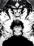  1boy angry clenched_teeth collarbone demon devilman devilman_(character) fudou_akira furrowed_brow greyscale grimace long_sideburns male_focus masuiiizo monochrome motion_lines multiple_persona muscular muscular_male open_mouth pectorals sharp_teeth short_hair sideburns teeth unusually_open_eyes 