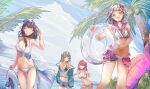  4girls absurdres bare_shoulders barefoot beach bikini black_hair blue_flower blue_shorts blue_sky braid breasts closed_eyes closed_mouth cloud day denim denim_shorts eyewear_on_head flower frima_(nikke) frima_(sea_of_sloth)_(nikke) glasses goddess_of_victory:_nikke green_eyes grey_hair hair_between_eyes hairband hat highres holding holding_innertube innertube legs mary_(bay_goddess)_(nikke) mary_(nikke) moelava multicolored_hair multiple_girls neon_(blue_ocean)_(nikke) neon_(nikke) official_alternate_costume outdoors pepper_(nikke) pepper_(ocean_vitamin)_(nikke) pink_eyes pink_hair red-framed_eyewear see-through semi-rimless_eyewear shorts sky streaked_hair swimsuit thighs umbrella white_bikini white_hairband white_headwear 