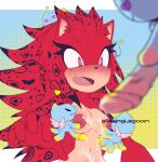  &lt;3 &lt;3_eyes anthro bodily_fluids breast_nuzzle breasts chao_(sonic) cum cum_on_breasts disproportionate_genitals embarrassed fan_character female genital_fluids genitals group hi_res male male/female nuzzling penis purple_eyes red_body sega size_difference smaller_male sonic_the_hedgehog_(series) speendlexmk2 