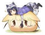  1girl ? absurdres animal_ears bean_bag_chair black_hair black_skirt blue_shirt brown_eyes common_raccoon_(kemono_friends) eyelashes fennec_(kemono_friends) grey_hair highres kemono_friends multicolored_hair open_mouth pleated_skirt raccoon_ears raccoon_girl raccoon_tail shirt short_sleeves skirt solo striped_tail suicchonsuisui tail 