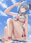  1girl ahoge alternate_costume bare_arms bare_shoulders barefoot bikini blue_hair blue_sky blush breasts commentary_request crossed_bangs feet ganyu_(genshin_impact) genshin_impact goat_horns hair_between_eyes highres horns long_hair looking_at_viewer orange_eyes outdoors parted_lips partially_visible_vulva sitting sky smile swimsuit thighs toes underboob white_bikini yamikyon 