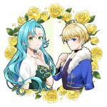  2girls ahoge aqua_hair black_choker blonde_hair blue_eyes blue_jacket blush breasts chloe_(fire_emblem) choker cleavage commentary_request cropped_torso dress fire_emblem fire_emblem_engage flower fur-trimmed_jacket fur_trim green_dress green_eyes highres jacket large_breasts long_hair looking_at_viewer merrin_(fire_emblem) midori_no_baku multiple_girls official_alternate_costume purple_shirt rose shirt smile upper_body very_long_hair yellow_flower yellow_rose 