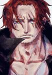 1boy black_coat chiyo_(@ch_falgar) closed_mouth coat coat_on_shoulders facial_hair highres looking_at_viewer male_focus one_piece parted_bangs red_eyes red_hair scar scar_across_eye scar_on_face serious shanks_(one_piece) shirt short_hair solo white_background white_shirt 