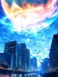  absurdres blue_sky building canal city cloud commentary_request day debris explosion fantasy highres no_humans original outdoors scenery sky smile_(qd4nsvik) water 